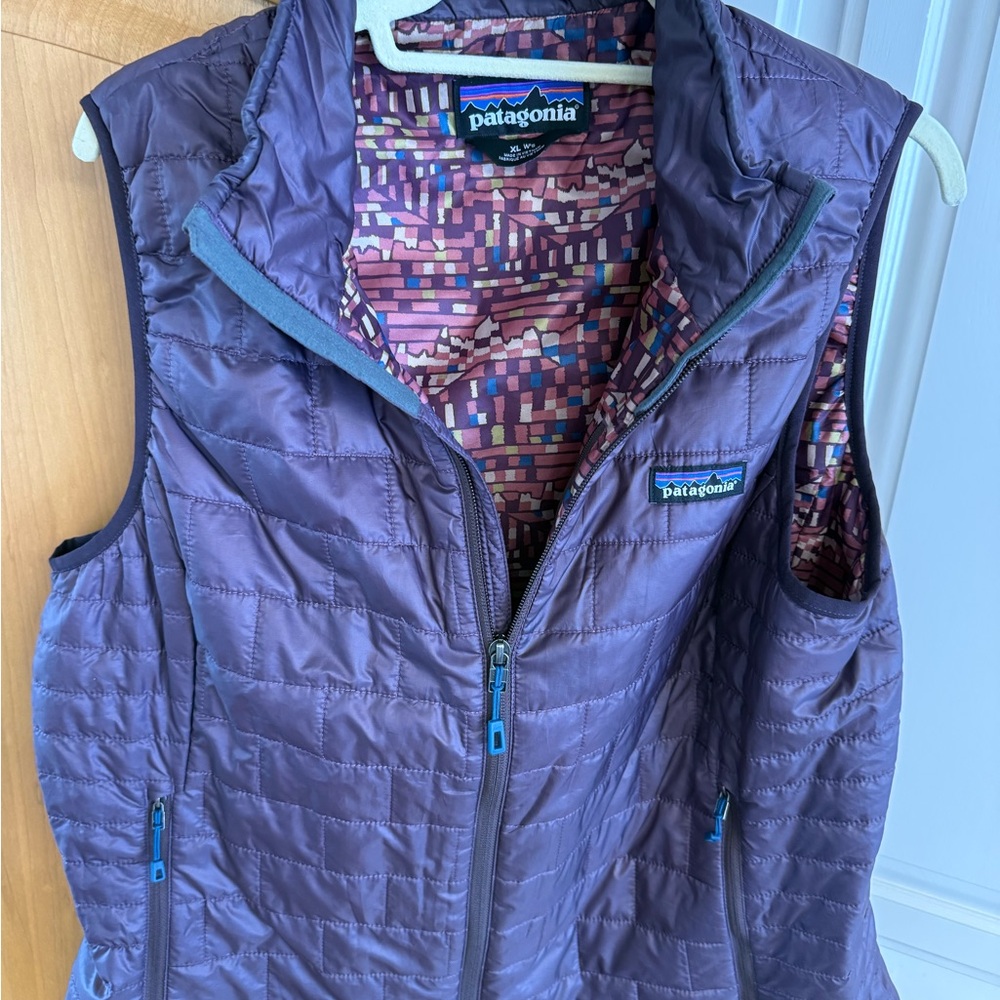 Patagonia Purple Quilted Down Vest with Patterned Lining